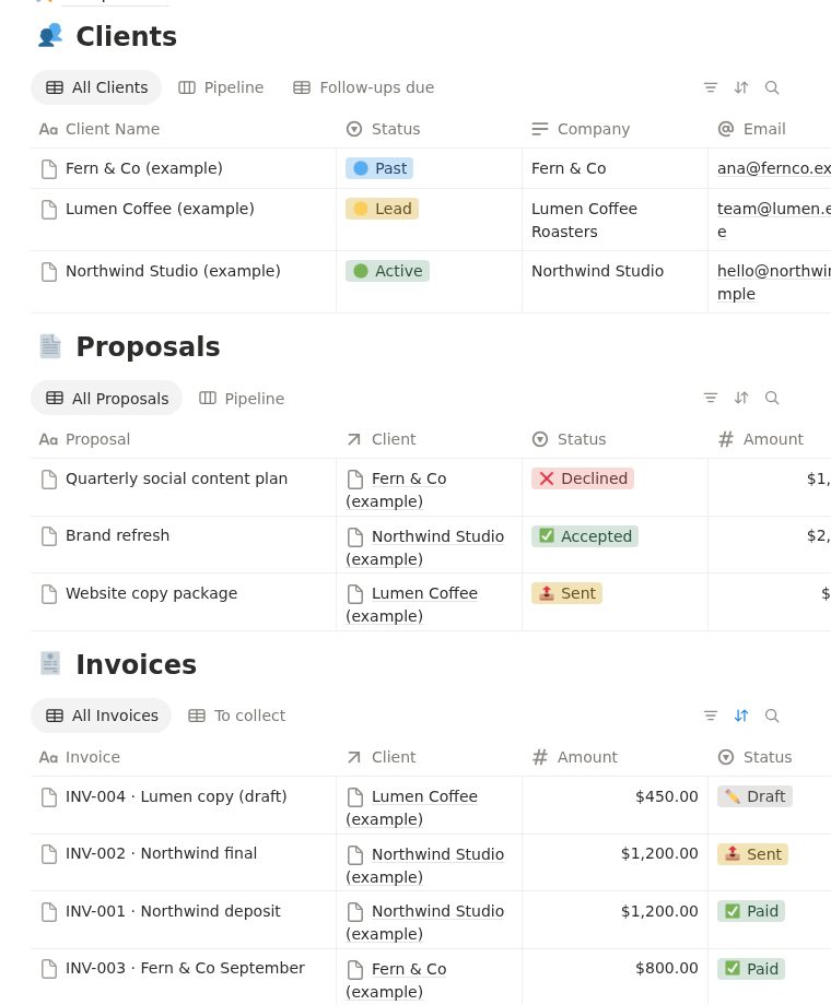 Clients, Proposals and Invoices databases